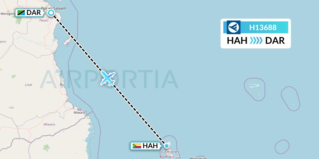 H13688 Hahn Air Systems Flight Map: Moroni to Dar-es-Salaam