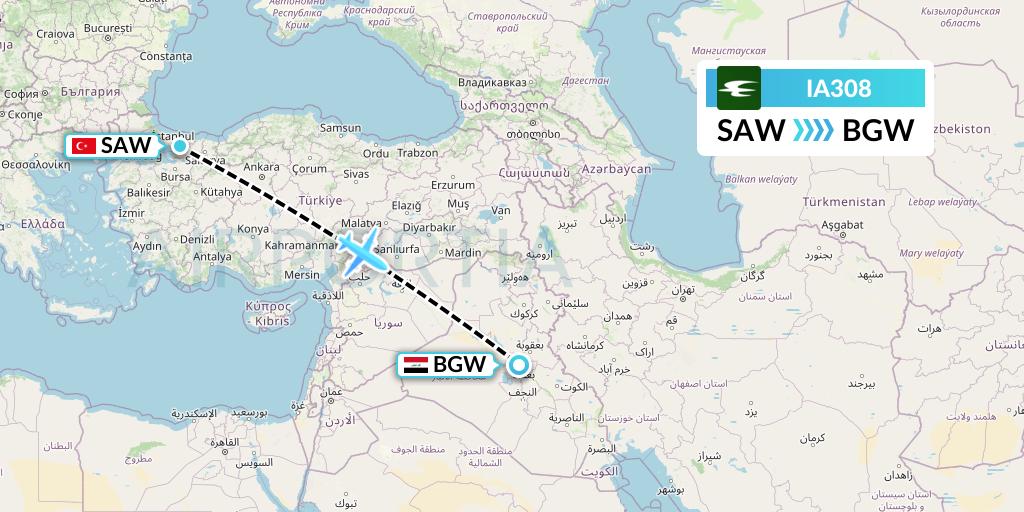 IA308 Iraqi Airways Flight Map: Istanbul to Baghdad