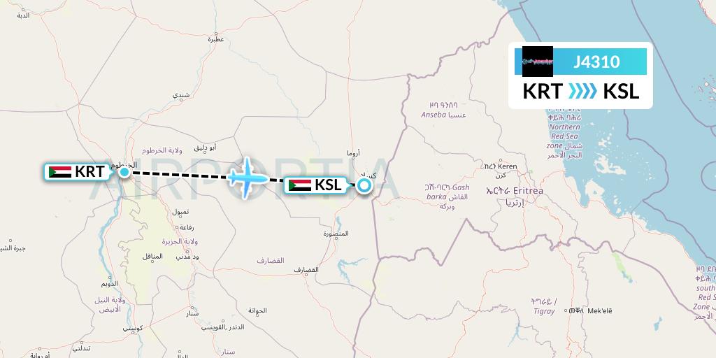 J4310 Badr Airlines Flight Map: Khartoum to Kassala