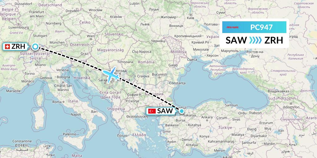 PC947 Pegasus Airlines Flight Map: Istanbul to Zurich