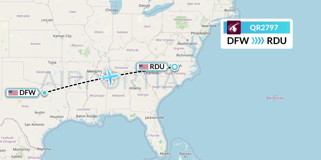 QR2797 Qatar Airways Flight Map: Dallas to Raleigh-Durham