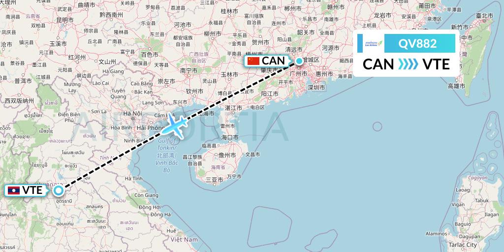 QV882 Lao Airlines Flight Map: Guangzhou to Vientiane