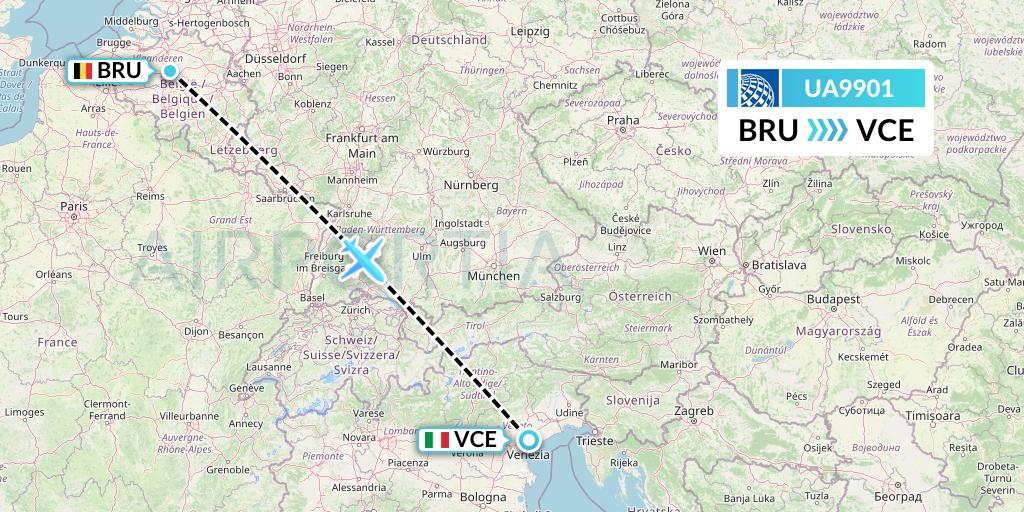 UA9901 United Airlines Flight Map: Brussels to Venice