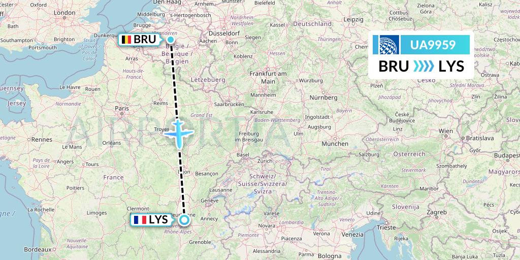 UA9959 United Airlines Flight Map: Brussels to Lyon