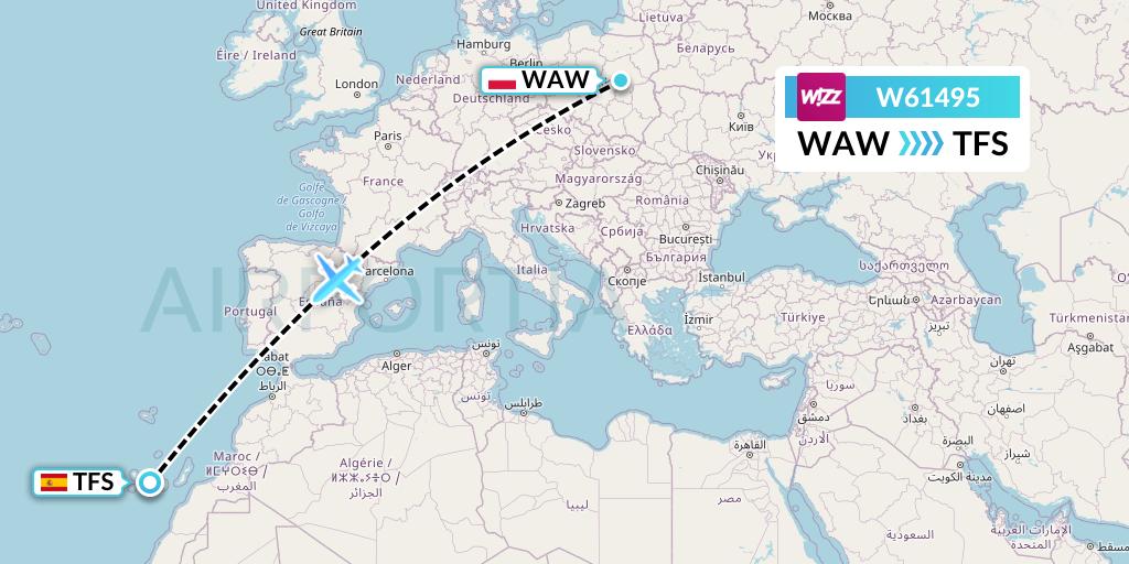W61495 Wizz Air Flight Map: Warsaw to Tenerife