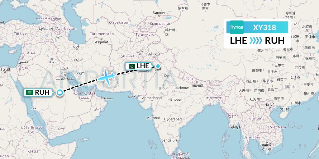 XY318 Flynas Flight Map: Lahore to Riyadh