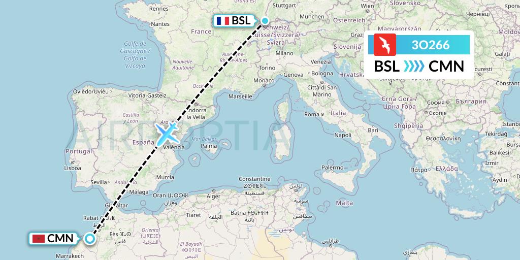 3O266 Air Arabia Maroc Flight Map: Basel to Casablanca