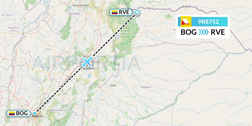 9R8752 Satena Flight Map: Bogota to Saravena