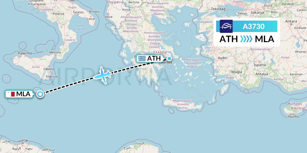 A3730 Aegean Airlines Flight Map: Athens to Malta