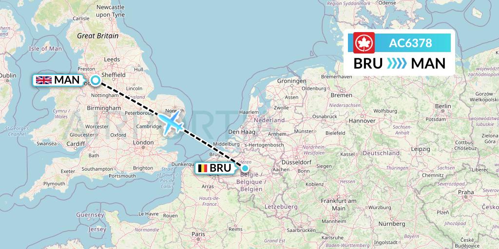 AC6378 Air Canada Flight Map: Brussels to Manchester