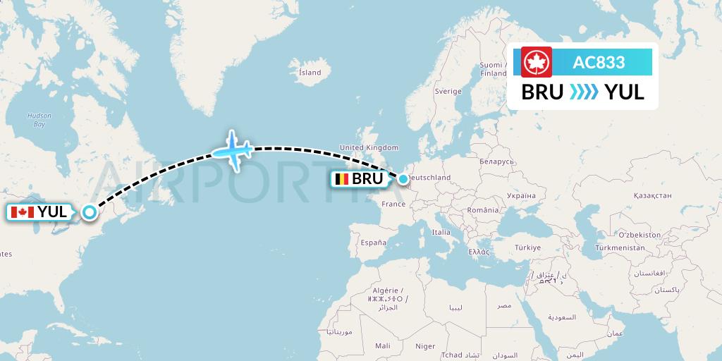 AC833 Air Canada Flight Map: Brussels to Montreal