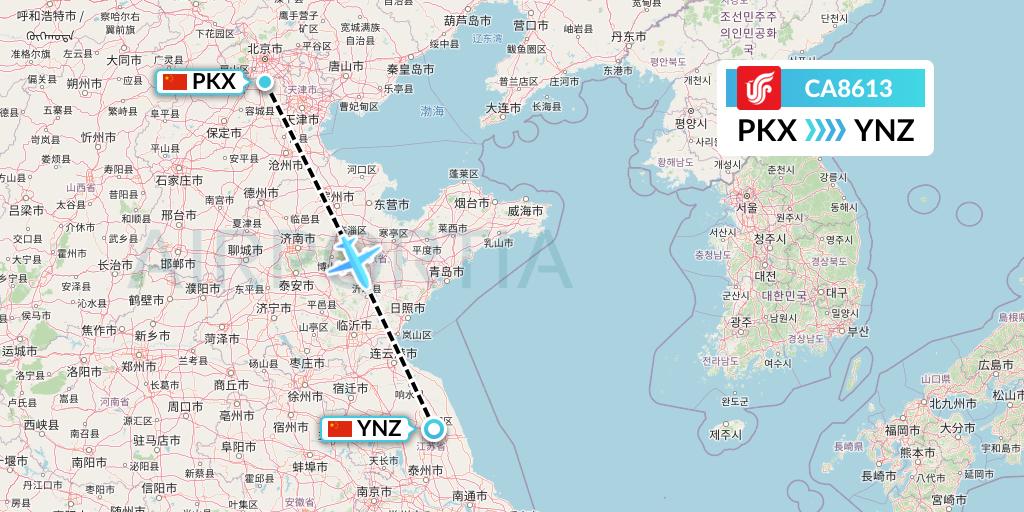 CA8613 Air China Flight Map: Beijing to Yancheng