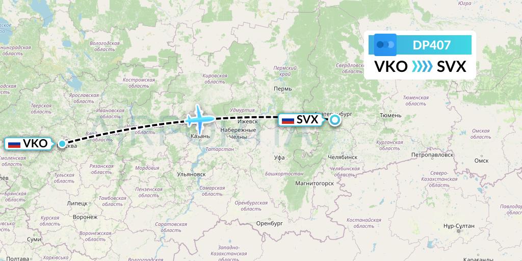 DP407 Pobeda Flight Map: Moscow to Yekaterinburg