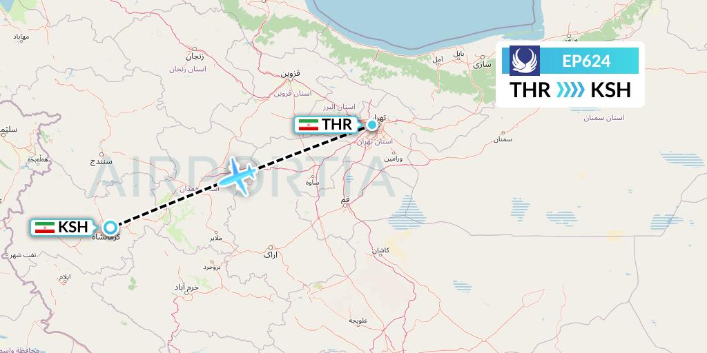 EP624 Iran Aseman Airlines Flight Map: Tehran to Kermanshah
