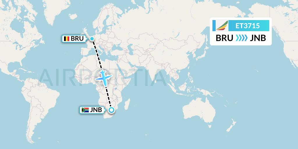 ET3715 Ethiopian Airlines Flight Map: Brussels to Johannesburg
