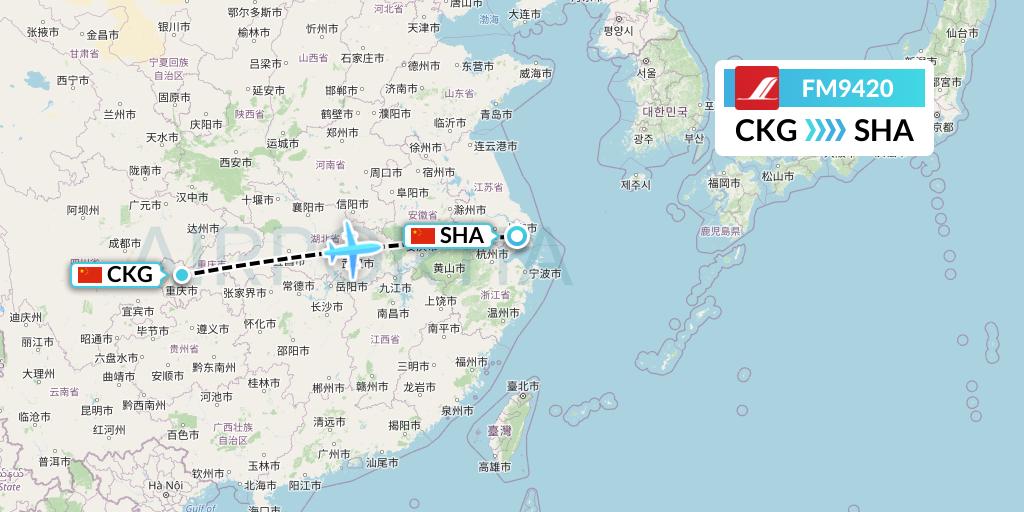 FM9420 Shanghai Airlines Flight Map: Chongqing to Shanghai