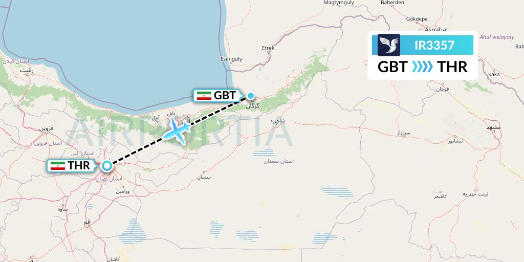 IR3357 Iran Air Flight Map: Gorgan to Tehran
