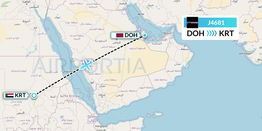 J4681 Badr Airlines Flight Map: Doha to Khartoum