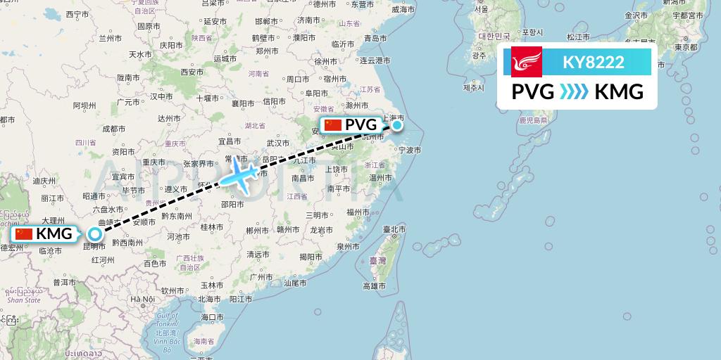 KY8222 Kunming Airlines Flight Map: Shanghai to Kunming