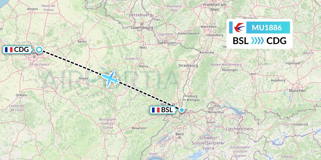 MU1886 China Eastern Airlines Flight Map: Basel to Paris