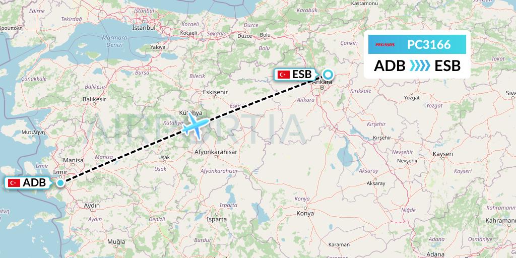 PC3166 Pegasus Airlines Flight Map: Izmir to Ankara