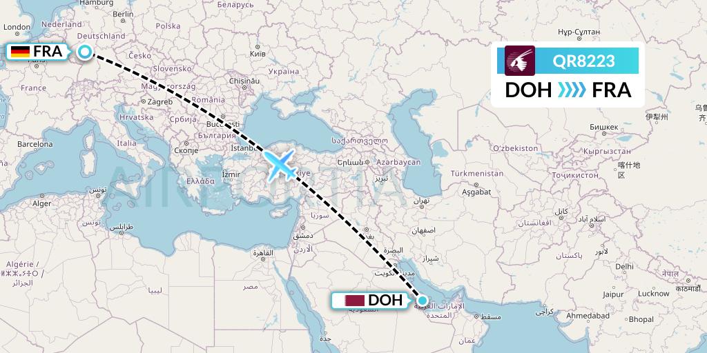 QR8223 Qatar Airways Flight Map: Doha to Frankfurt