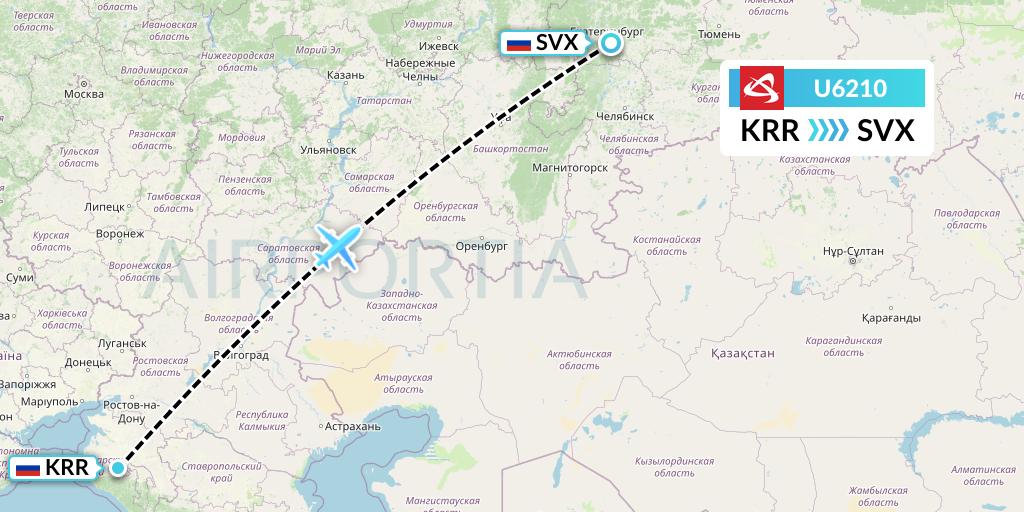 U6210 Ural Airlines Flight Map: Krasnodar to Yekaterinburg