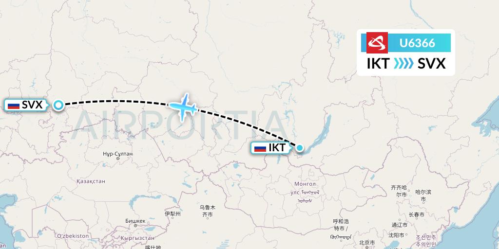 U6366 Ural Airlines Flight Map: Irkutsk to Yekaterinburg