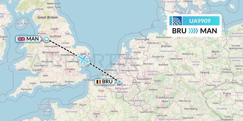 UA9909 United Airlines Flight Map: Brussels to Manchester