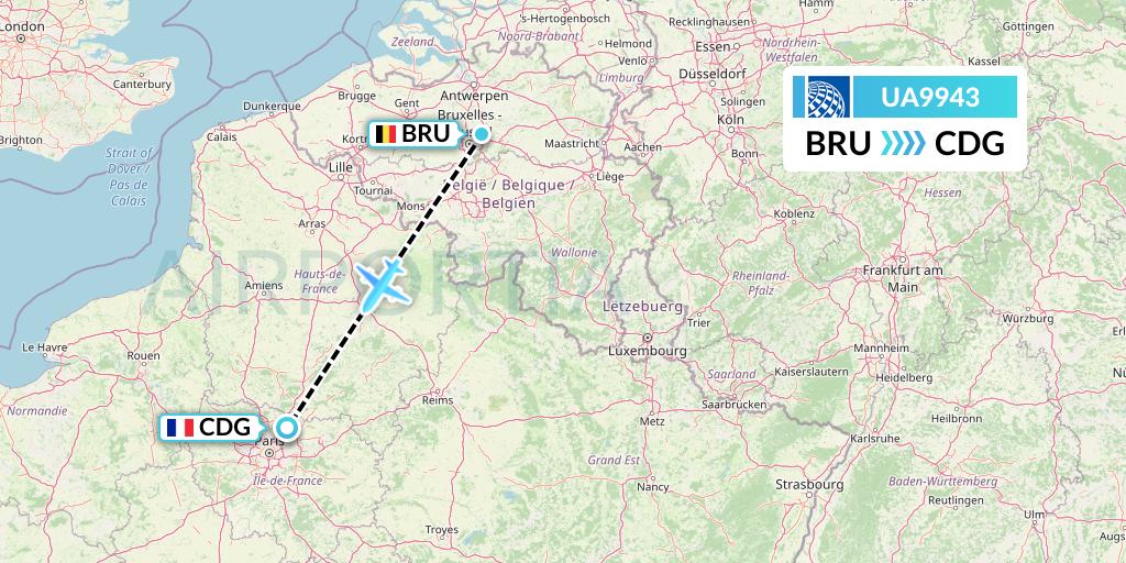 UA9943 United Airlines Flight Map: Brussels to Paris