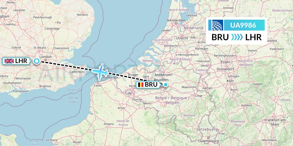 UA9986 United Airlines Flight Map: Brussels to London