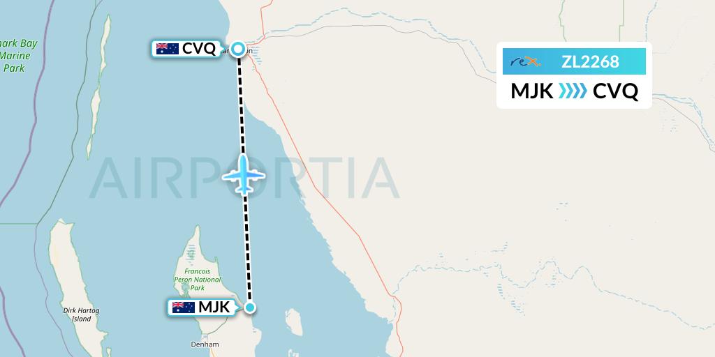 ZL2268 Regional Express Flight Map: Monkey Mia to Carnarvon
