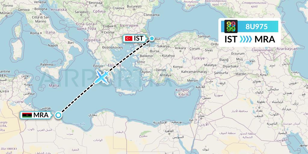 8U975 Afriqiyah Airways Flight Map: Istanbul to Misrata