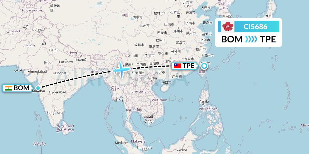 CI5686 China Airlines Flight Map: Mumbai to Taipei