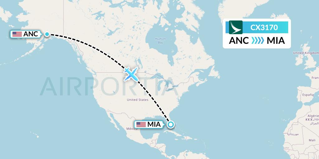 CX3170 Cathay Pacific Flight Map: Anchorage to Miami