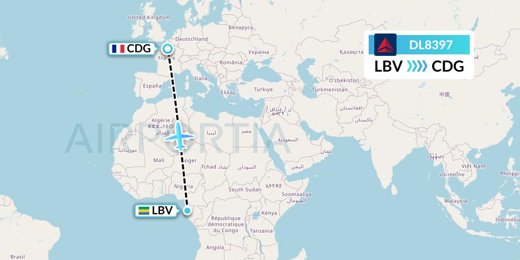 DL8397 Delta Air Lines Flight Map: Libreville to Paris