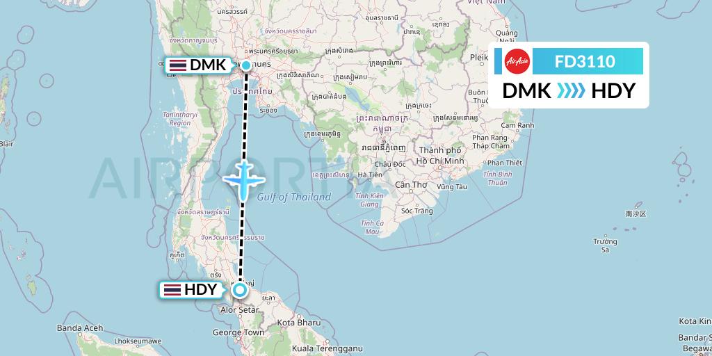 FD3110 Thai AirAsia Flight Map: Bangkok to Hat Yai
