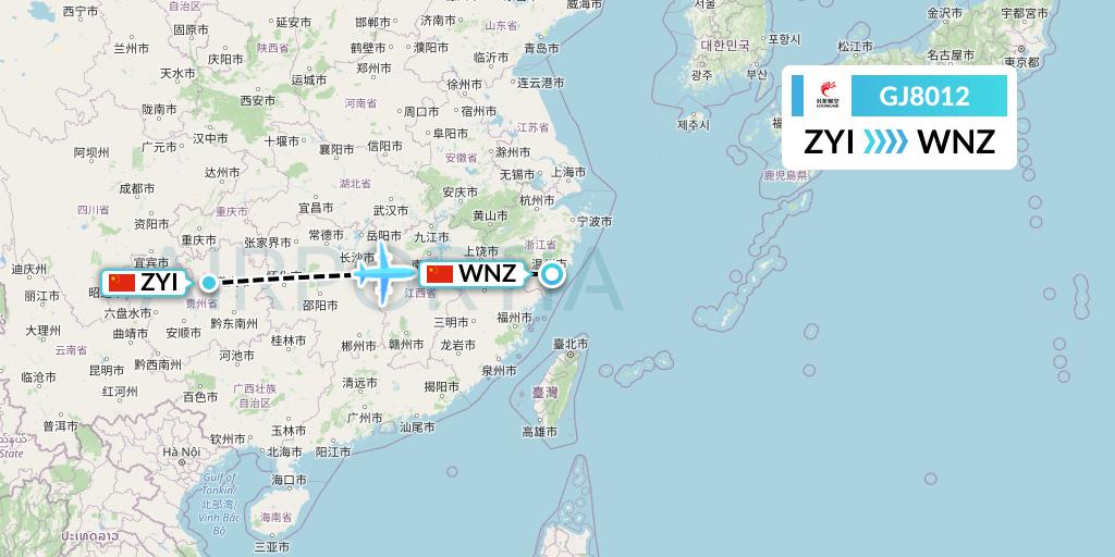 GJ8012 Loong Airlines Flight Map: Zunyi to Wenzhou