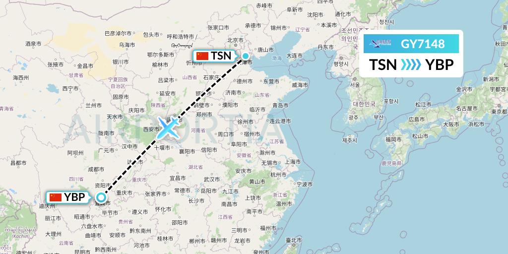 GY7148 Colorful GuiZhou Airlines Flight Map: Tianjin to Yibin