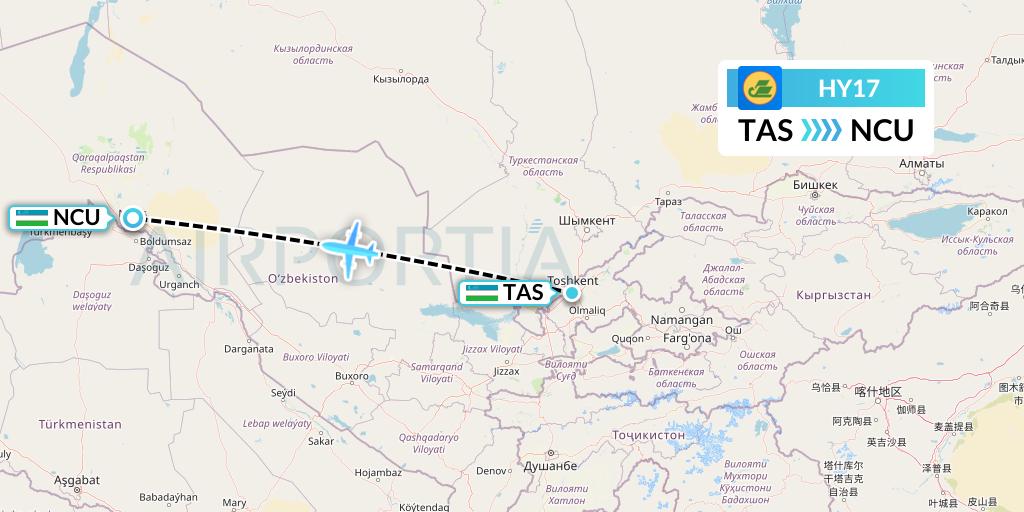 HY17 Uzbekistan Airways Flight Map: Tashkent to Nukus