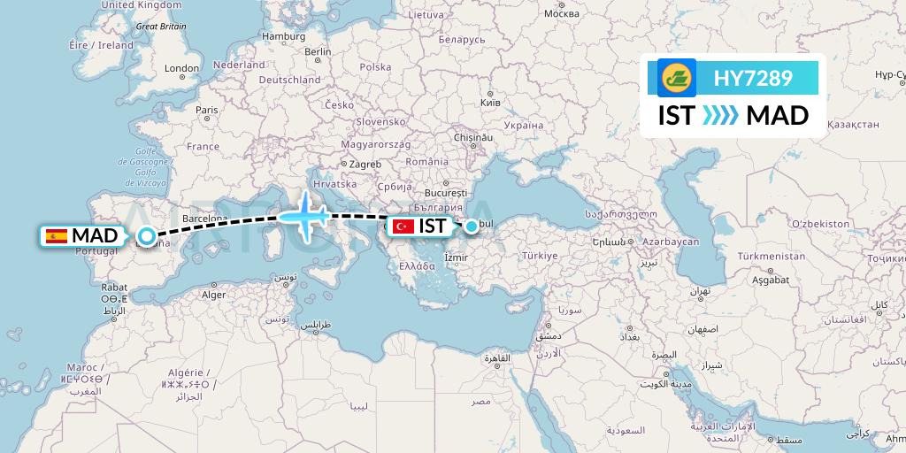 HY7289 Uzbekistan Airways Flight Map: Istanbul to Madrid