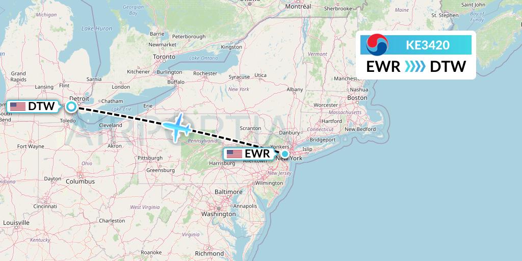 KE3420 Korean Air Flight Map: New York to Detroit
