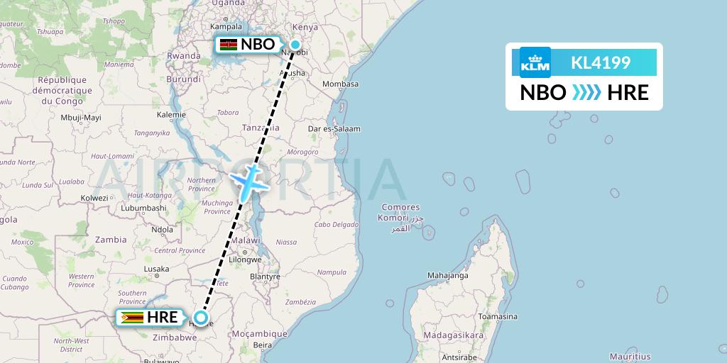 KL4199 KLM Flight Map: Nairobi to Harare