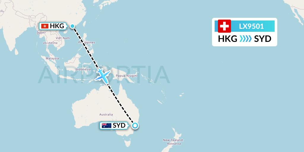 LX9501 Swiss Flight Map: Hong Kong to Sydney