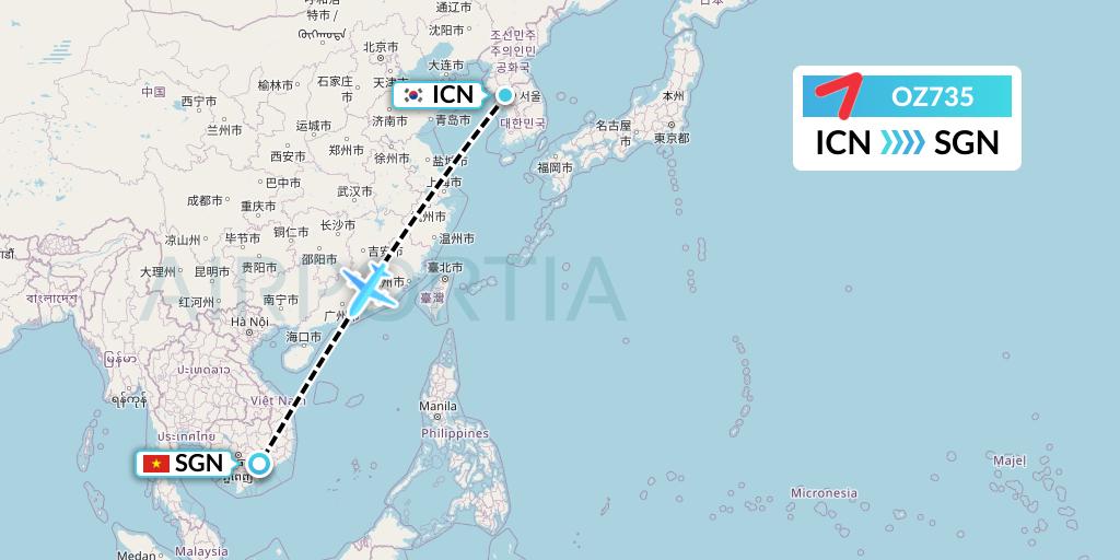 OZ735 Asiana Airlines Flight Map: Seoul to Ho Chi Minh City