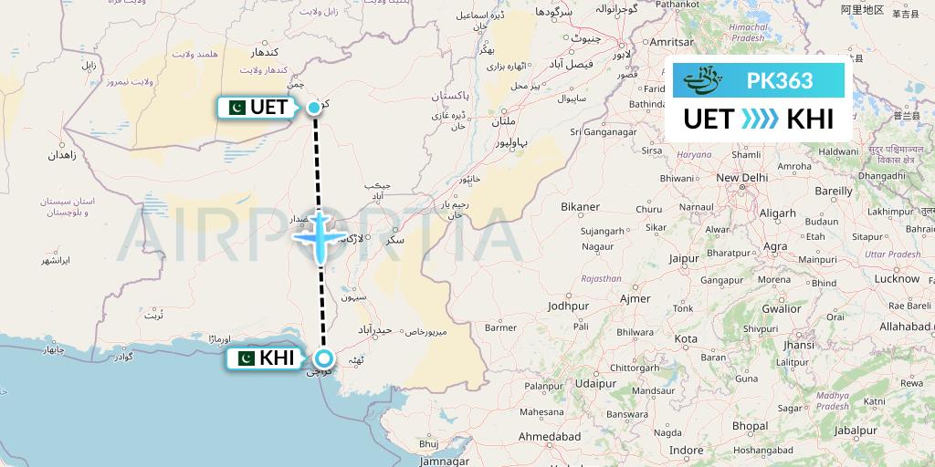 PK363 Pakistan International Airlines Flight Map: Quetta to Karachi