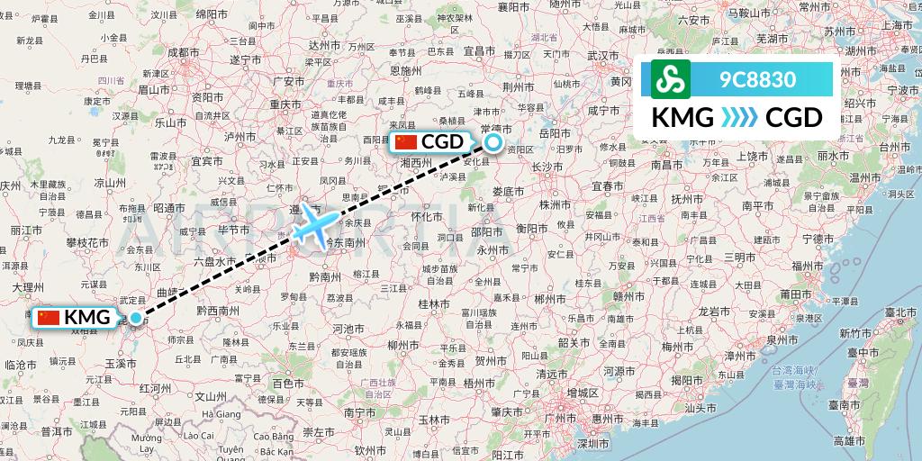 9C8830 Spring Airlines Flight Map: Kunming to Changde