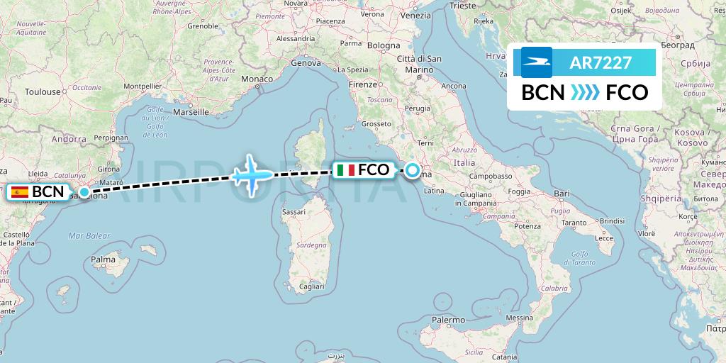 AR7227 Aerolineas Argentinas Flight Map: Barcelona to Rome