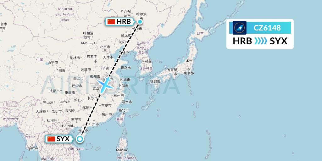 CZ6148 China Southern Airlines Flight Map: Harbin to Sanya