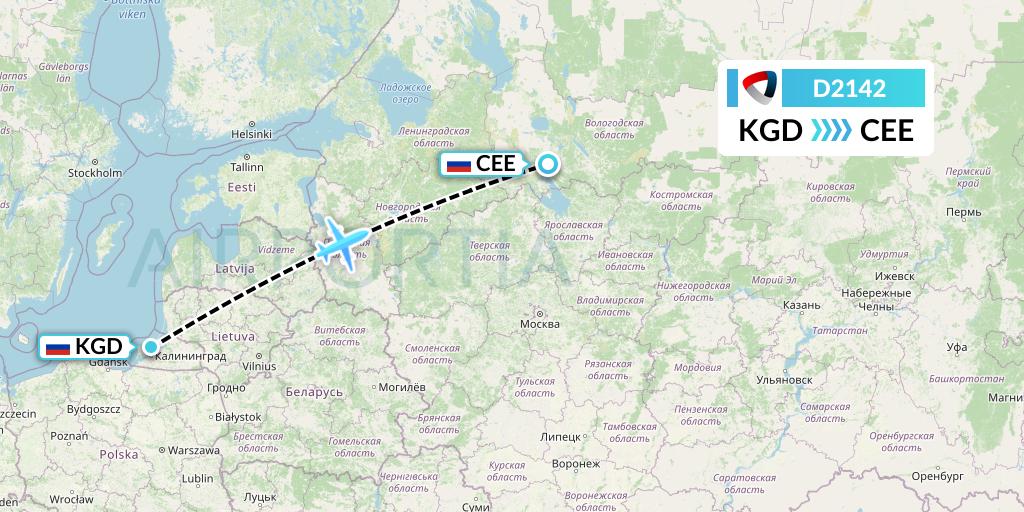 D2142 Severstal Aircompany Flight Map: Kaliningrad to Cherepovets